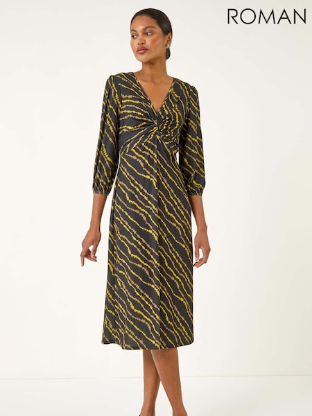 Roman Yellow Abstract Twist Front Midi Dress (V11094) | €66