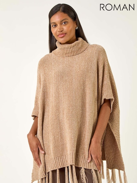 Roman Natural Tassle Trim Knit Poncho (V11095) | €60