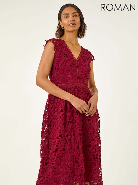 Roman Red Premium Crochet Lace Midi Dress (V11097) | 495 QAR