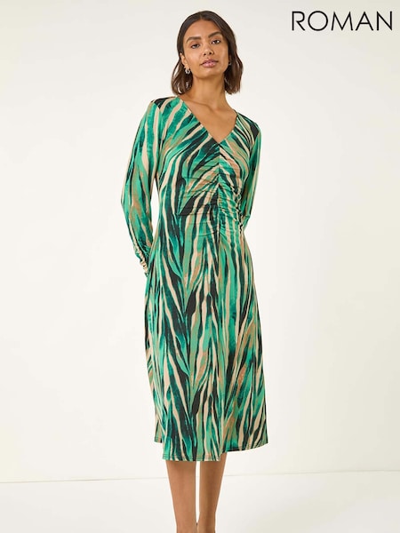 Roman Green Abstract Print Ruched Midi Stretch Dress (V11098) | €60