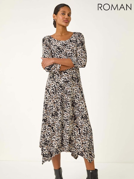 Roman Brown Printed Hanky Hem Stretch Midi Dress (V11105) | €73