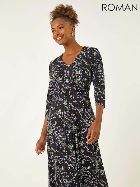 Roman Green Abstract Cross-Over Stretch Midi Dress (V11112) | €73