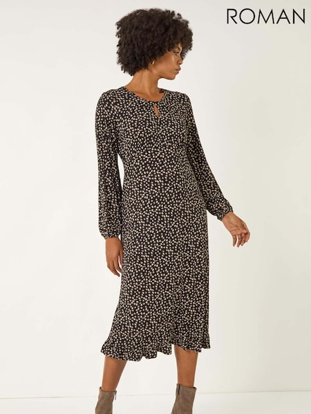 Roman Brown Spot Print Keyhole Midi Dress (V11115) | 297 QAR