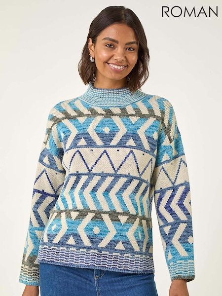 Roman Blue Aztec High Neck Knit Jumper (V11119) | 278 QAR