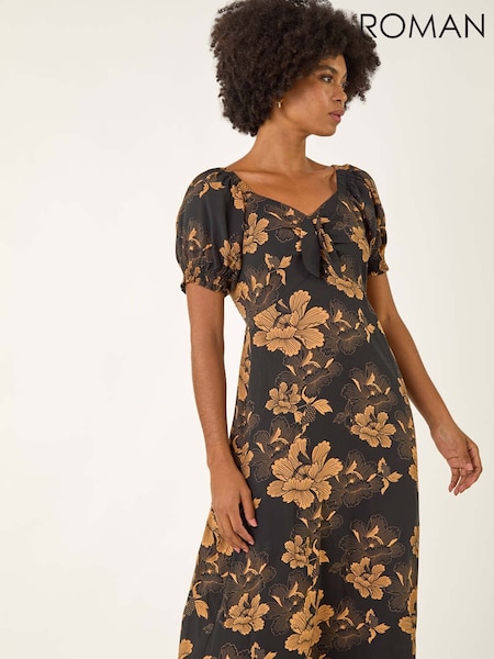 Roman Yellow Floral Print Ruched Midi Dress (V11129) | €64