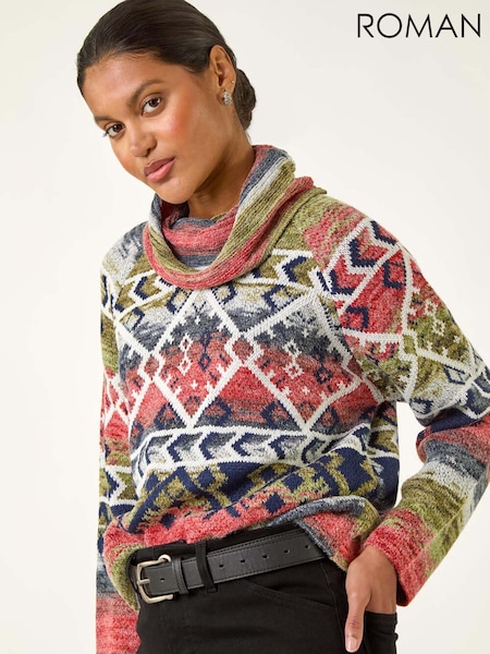 Roman Orange Aztec Print Roll Neck Knit Jumper (V11144) | €60