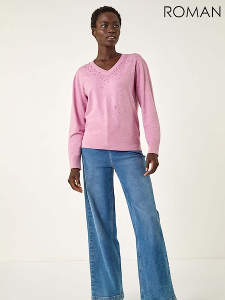 Roman Pink Heart Hotfix V-Neck Knit Jumper (V11176) | €60