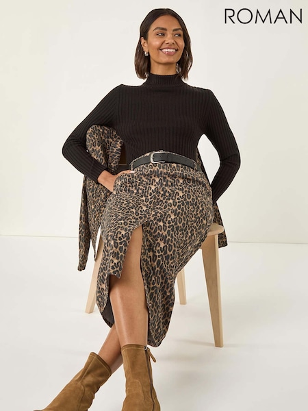 Roman Brown Animal Print Stretch Midi Skirt (V11192) | €60