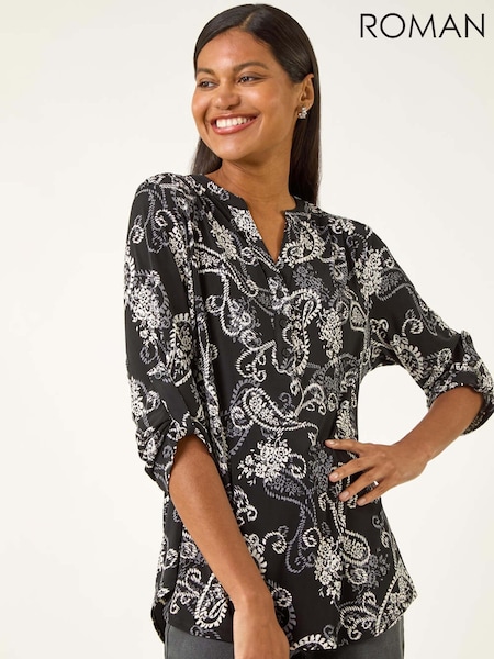 Roman Black Paisley Print V-Neck Stretch Shirt (V11195) | €56