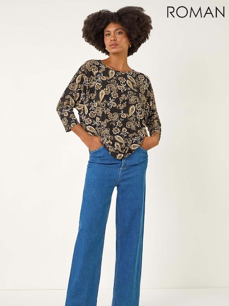 Roman Black Paisley Puff Print Stretch Blouse (V11198) | €53