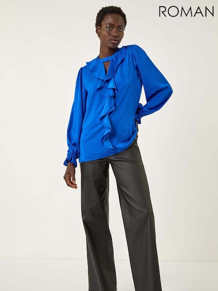 Azul - Roman Ruffle Front Keyhole Satin Blouse (V11200) | R$ 510