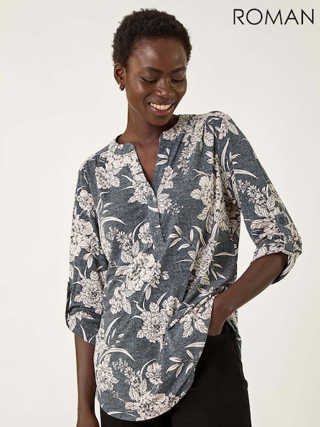 Roman Grey Floral Puff Print Stretch Shirt (V11204) | €53