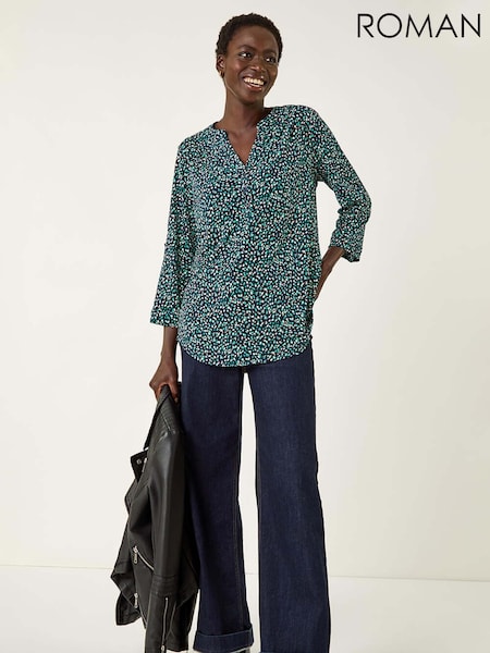 Roman Green Abstract Puff Print Stretch Blouse (V11206) | €56