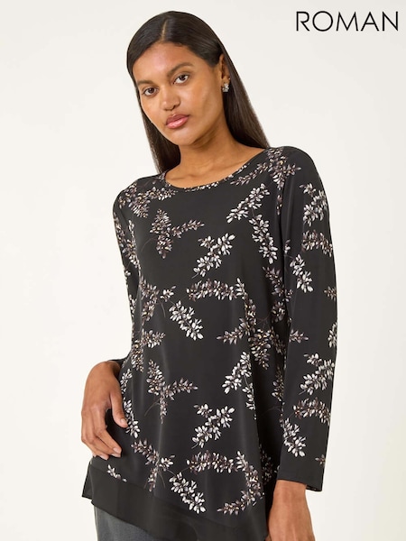 Roman Black Floral Print Chiffon Hem Blouse (V11207) | AED262