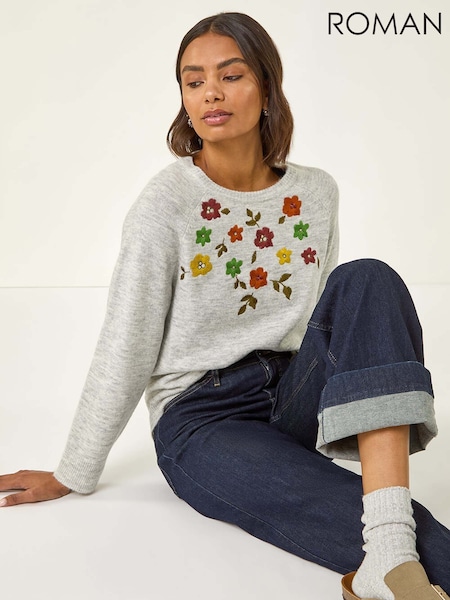 Roman Grey Floral Embroidered Knit Jumper (V11209) | €56