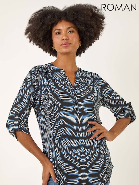 Roman Blue Animal Puff Print Stretch Blouse (V11210) | €56