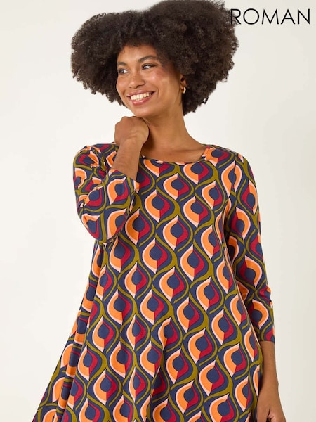 Roman Orange Geo Print Hanky Hem Stretch Tunic Top (V11214) | €48
