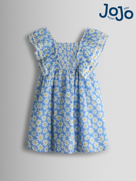 JoJo Maman Bébé Blue Daisy Seersucker Frill Shoulder Smocked Dress (V11449) | AED154 - AED173