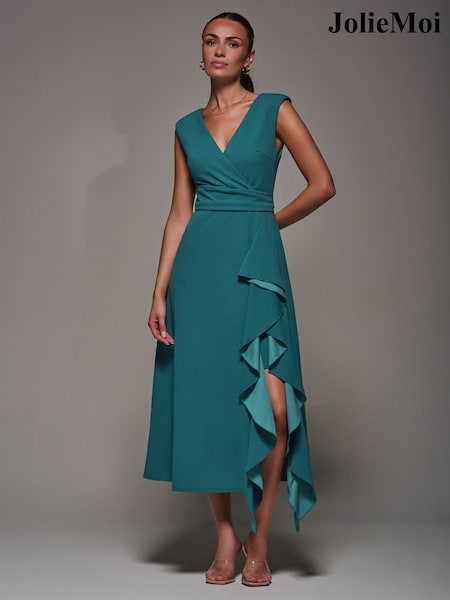 Jolie Moi Green Frill Detail Wrap Dress (V11642) | 297 QAR
