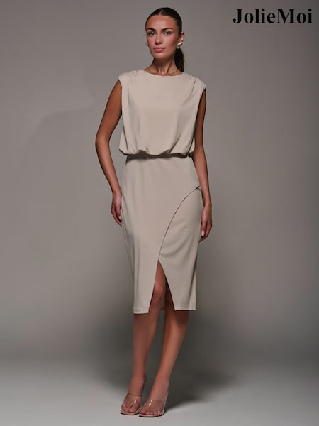 Jolie Moi Cream Draped Wrap Bodycon Dress (V11645) | €80
