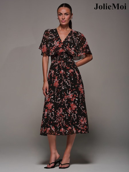 Jolie Moi Black Chiffon Floral Print Pleated Dress (V11647) | €80