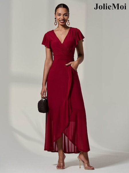 Jolie Moi Red Angel Sleeve Wrap Mesh Dress (V11652) | 297 QAR