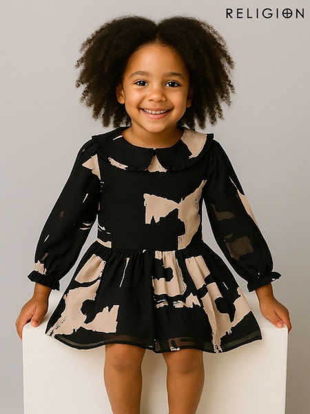 Religion Black Amelie Smock Dress With Pretty Frill Collar In Black And Soft Pink Abstract Print (V11700) | €53