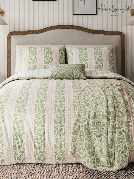 Helena Springfield Green Pink Oak Stripe 100% Cotton Duvet Set (V11891) | €35 - €78
