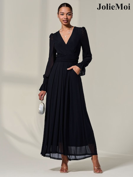 Jolie Moi Black Long Sleeve Mesh Maxi Dress (V12164) | €113