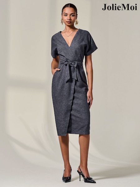 Jolie Moi Grey Short Sleeve Tie Waist Midi Dress (V12167) | €90
