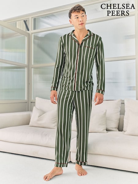 Chelsea Peers Green Stripe Button Up Long Pyjamas Set (V12269) | R$ 475