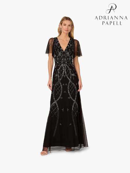 Adrianna Papell Studio Bead Flutter Sleeve Black Dress (V12305) | €216