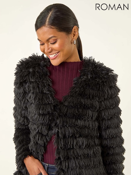 Roman Black Faux Fur Fluffy Layered Jacket (V12309) | €58