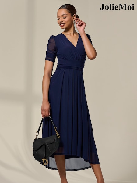Jolie Moi Blue Petite Wrap Front Puff Midaxi Dress (V12320) | €103