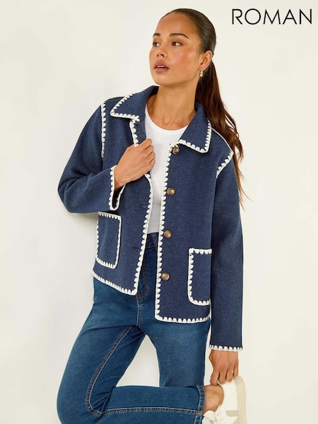 Roman Blue Petite Blanket Stitch Jacket (V12407) | AED364