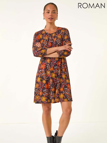 Roman Orange Petite Floral Gathered Short Dress (V12424) | €60