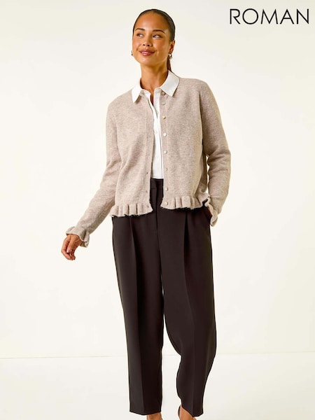 Natural - Roman Petite Flute Hem Buttoned Cardigan (V12436) | R$ 485