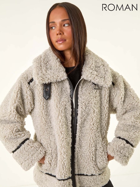 Roman Petite Borg Contrast Aviator Coat (V12442) | R$ 970
