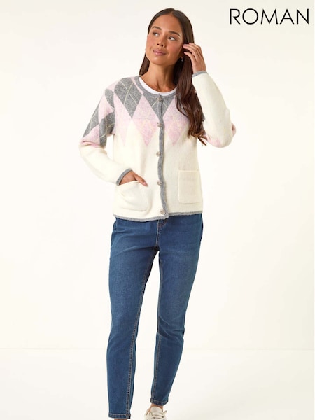 Roman White Petite Buttoned Argyle Knit Cardigan (V12446) | € 53