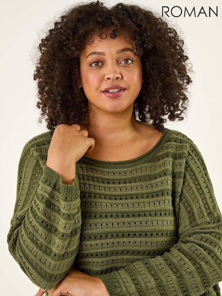 Roman Green Curve Crochet Stripe Knit Jumper (V12690) | 309 QAR