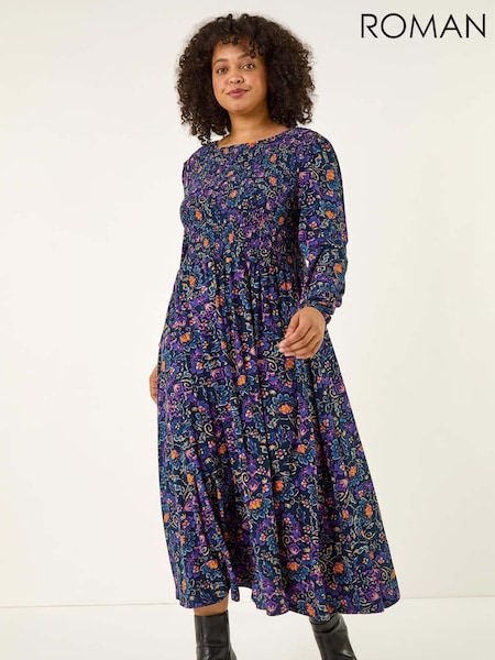 Roman Blue Curve Floral Print Shirred Midi Dress (V12693) | €63