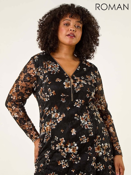 Roman Black Curve Zip Front Lace Blouse (V12698) | OMR29