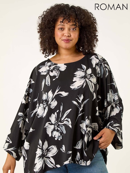 Roman Black Curve Floral Print Stretch Tunic Top (V12712) | 260 QAR