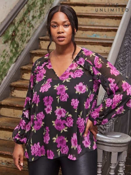 Live Unlimited Black Curve Floral Print V-Neck Ruffle Blouse (V12758) | €101