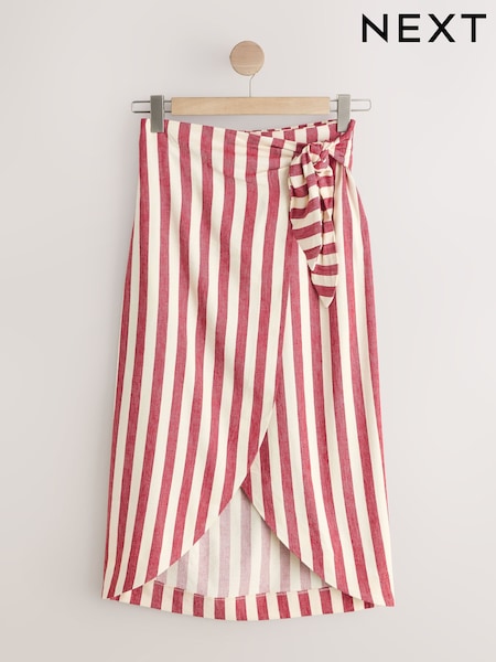 Red/Ecru Stripe Wrap Midi Skirt with Linen (V12760) | €44
