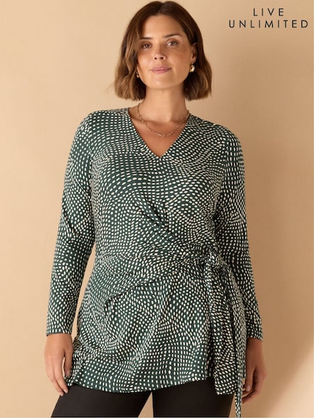 Live Unlimited Green Curve Spot Print V-Neck Side Tie Tunic (V12771) | €69
