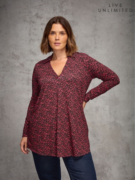 Live Unlimited Red Curve Ditsy Polo Collar V-Neck Tunic (V12800) | €78