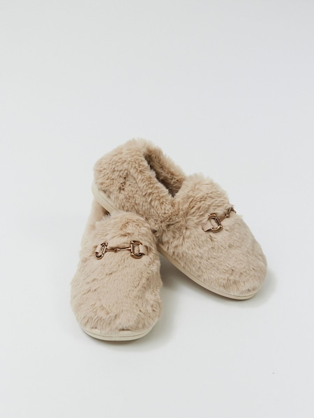 Aruelle Cream Serene Extra Soft Fluffy Polyester Fabric Slippers With a Decorative Detail In Gold-tone (V12901) | €40
