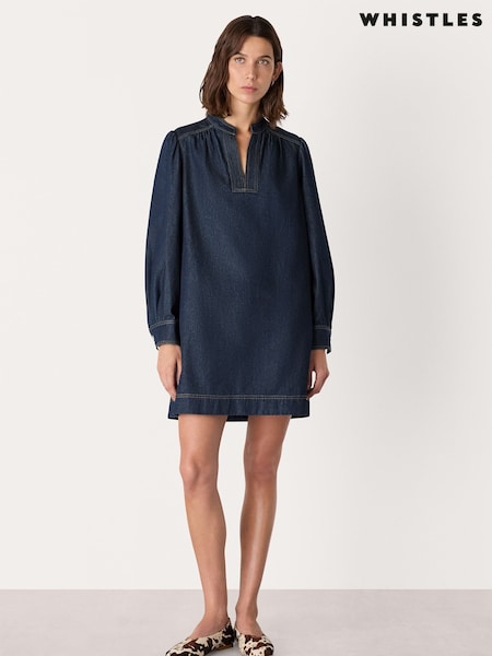 Whistles Blue Long Sleeve Shift Mini Dress (V12953) | €184