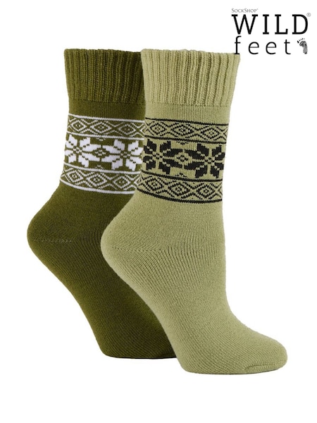 Wild Feet Green Chunky Fairisle Thermal  Socks 2 Pack (V12968) | €16